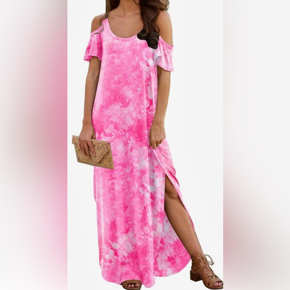 NWOT  New Cold Shoulder Loose Maxi Dress Short Sleeve Sundresses